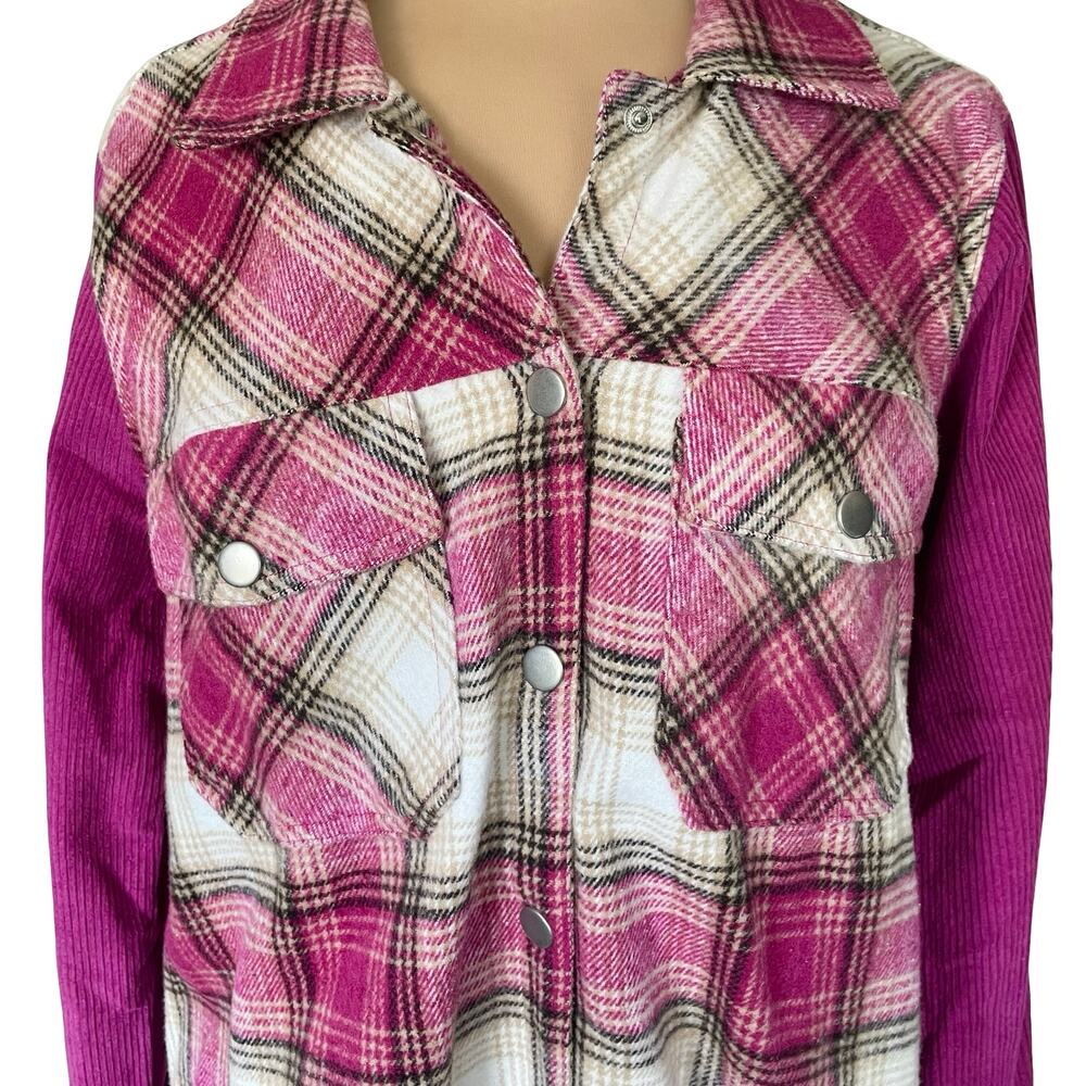 Umgee Bright Pink & White Plaid Corduroy Shacket Size L Fringed Boho Festival - Picture 4 of 11